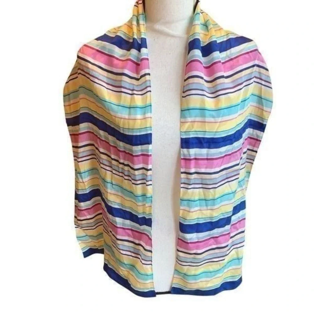 Talbot's Vintage Silk Scarf Multicolor Horizontal Stripes Pink Blue Yellow White